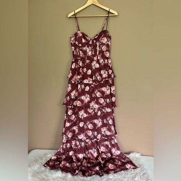 {Altar'd State} Stellni Floral Satin Tiered Maxi Gown Dress - Womens Medium - Picture 2 of 12